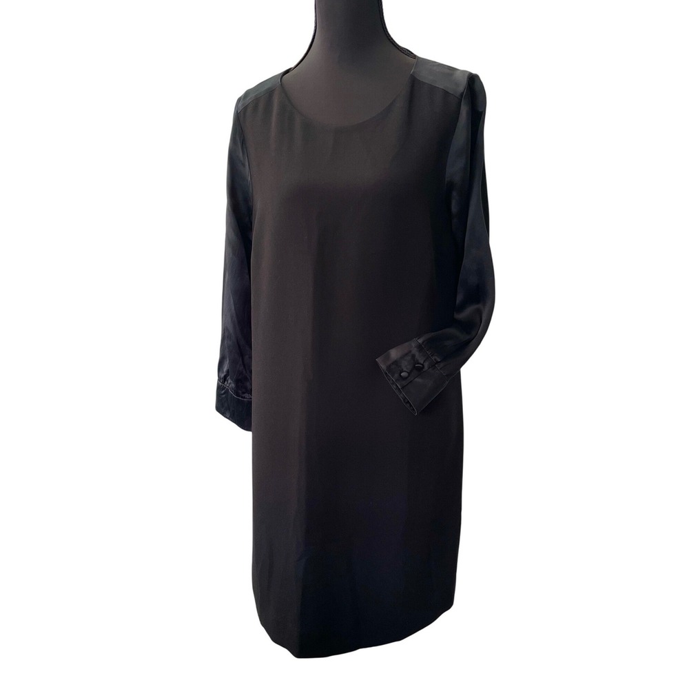 J.Crew Shift Dress Women 4 Black Mixed Media Satin Sleeve Mini Round Neck Zipper